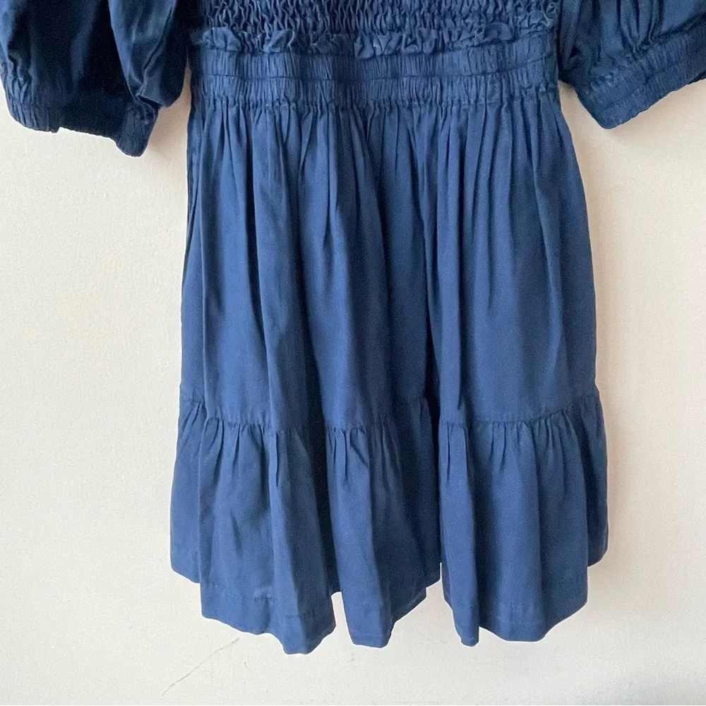 SEA NEW YORK New York Navy Blue Smocked Mini Dress Puff Sleeve 100% Cotton‎ Sz 8